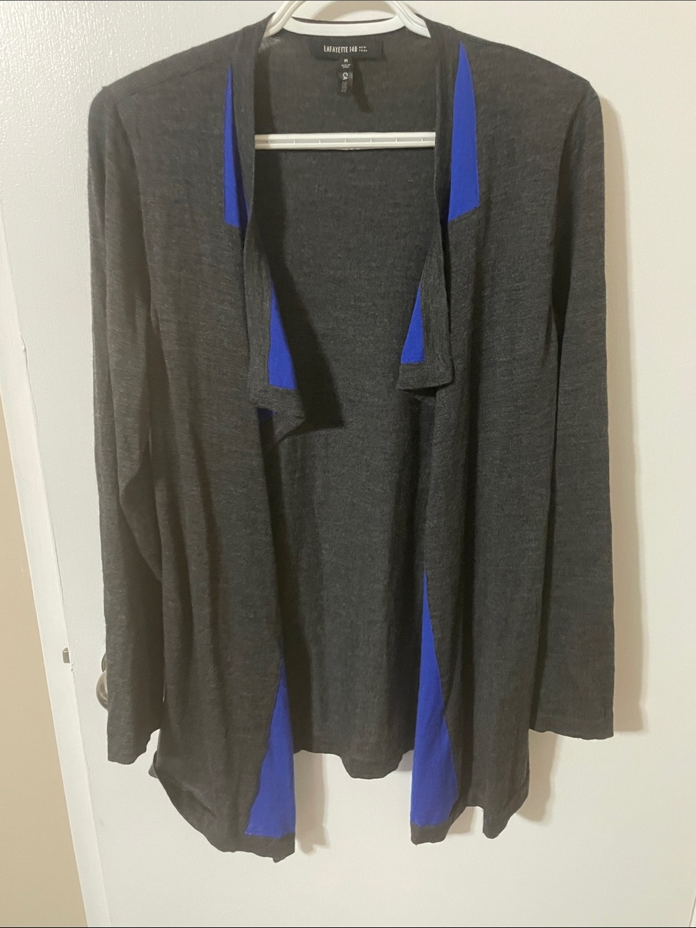 Lafayette 148 New York Wool Charcoal Open-Front Cardigan with Cobalt Trim Size M